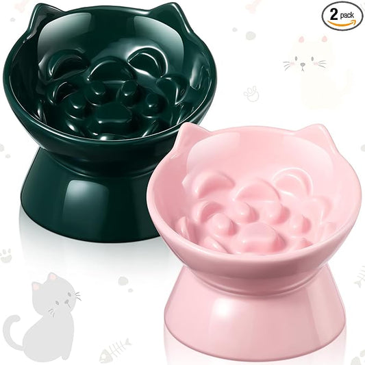 Funnymoom 2 Pcs Ceramic Raised Slow Feeder Cat Bowl, 5.91inch Elevated Cat Slow Feeder Bowl Tilted Anti Vomiting for Dry Wet Food and Water Easy to Clean High Edge(Dark Green, Pink)