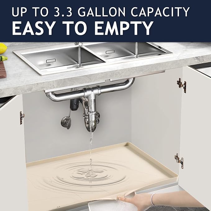 Heavy Duty Silicone Under Sink Mats for Kitchen Waterproof 31" x 19", Extra Thick Under Sink Rubber Mat Drip Tray, Raised Edge Under Sink Liner,Prevent Drips, Leaks, Spills,Taupe