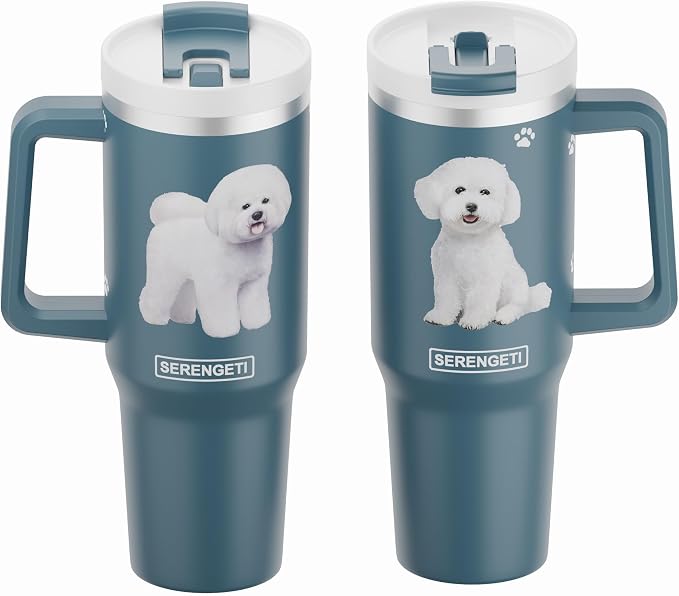 SERENGETI 40 Oz Ultimate Tumbler with Handle and Straw - Vacuum Insulated Tumbler with Straw and Lid - Stainless Steel Travel Mug for Pet Lovers - 3D Designs of your favorite Dog (Bichon Frise)