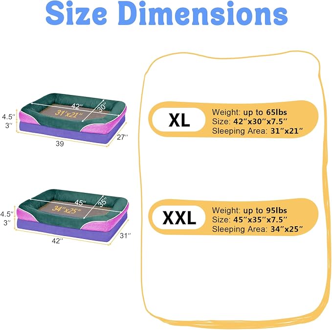 Chez Paw XXL Orthopedic Dog Bed for Extra Large Dogs, Extra Thick Egg-Crate Foam Waterproof Pet Couch with Removable Washable Cover, 4-Sided Bolster & Non-Slip Bottom, Sage Lavender 45"x35"x7.5"