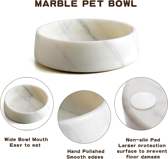 SAMAH White Marble Dog Bowl, Non-Slip Non-Tipping Heavy Dog Food Bowl, Large Weighted Stone Dish, Natural Marble Pet Water Bowl, Easy to Clean, Perfect Gift for Cat & Dog Lovers, Holds 6 Cups(6 lbs)