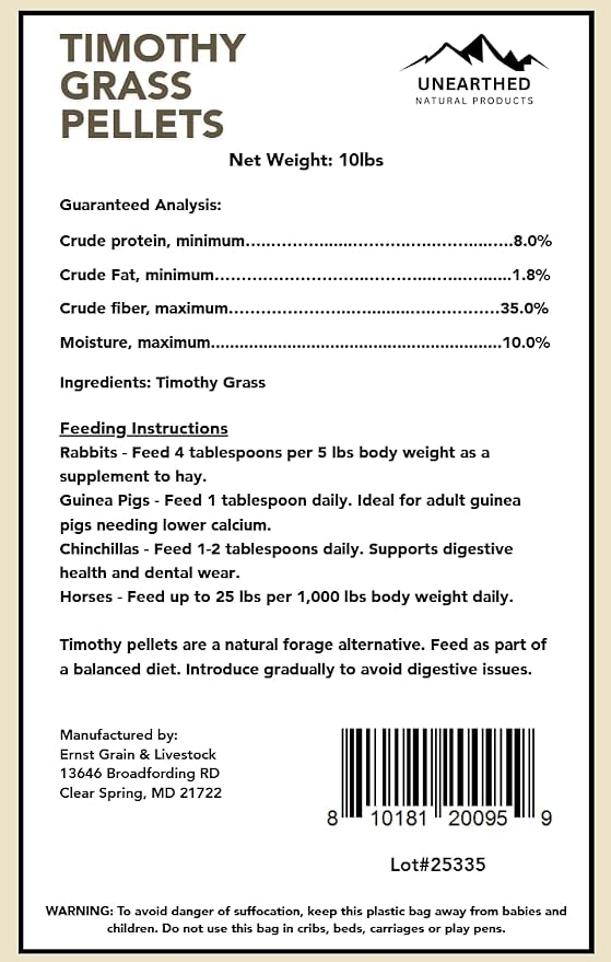 Unearthed Timothy Grass Pellets – 10 lb Bag | 100% Pure Sun‑Cured Forage, No Additives or Fillers | High Fiber, Low Protein Feed for Rabbits, Guinea Pigs, Horses & More | USA Grown