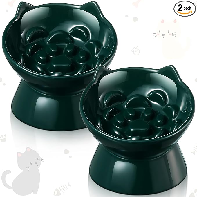 Funnymoom 2 Pcs Ceramic Raised Slow Feeder Cat Bowl, 5.91inch Elevated Cat Slow Feeder Bowl Tilted Anti Vomiting for Dry Wet Food and Water Easy to Clean High Edge(Dark Green)