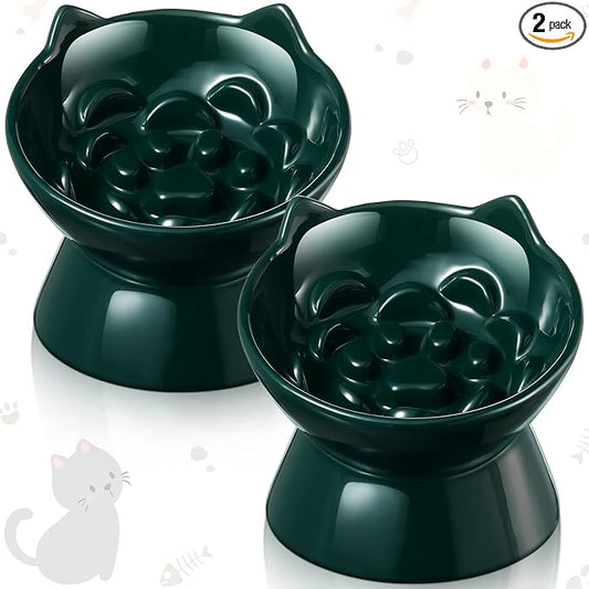 Funnymoom 2 Pcs Ceramic Raised Slow Feeder Cat Bowl, 5.91inch Elevated Cat Slow Feeder Bowl Tilted Anti Vomiting for Dry Wet Food and Water Easy to Clean High Edge(Dark Green)