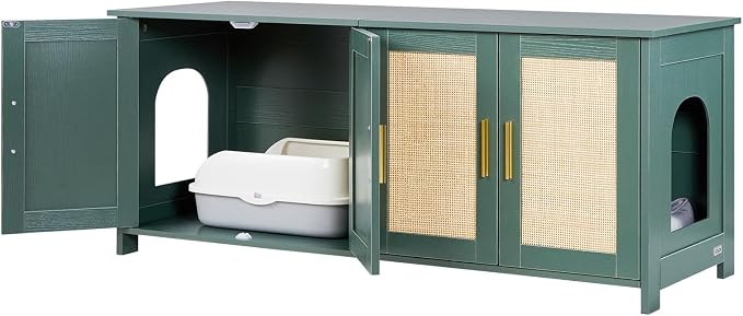 VEVOR Cat Litter Box Enclosure for Multi Cats, 47.2 in Hidden Litter Box Cabinet with 4 Rattan Doors & 2 Entries, Indoor Cat Washroom, Wooden Kitty House Furniture, Fit Most Litterboxes, Green