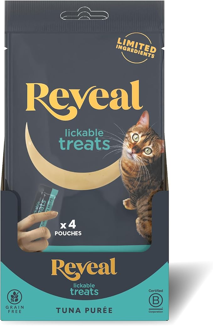 Reveal Tuna Puree Lickable Cat Treats 40-Pack, Limited Ingredient, Grain Free, Protein Squeeze Up Cat Treats for Training or Food Topper, No Artificial Additives (40 x 0.5 oz Pouches)