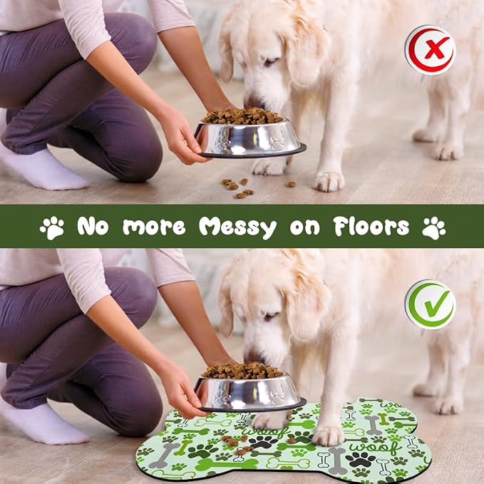 Dog Food Mats for Floors Waterproof, Pet Feeding Absorbent Water Bowl Mat Cat Placemats Green Bone Shape 19 * 12 inch