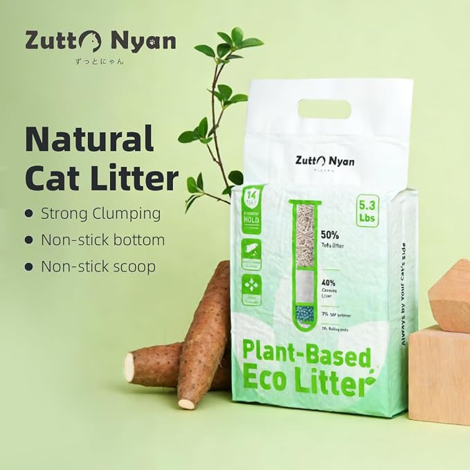 Zutto Nyan 4 in 1 Cassava Cat Litter - Advanced Fast Clumping, Flushable, Low Tracking, 99% Dust Free. Natural Plant Based,Pet Friendly, Great for All Cats, Sensitive Paws, Kittens(5.3 lbs x4 Bag)