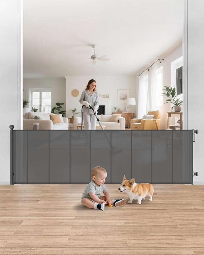 Retractable Baby Gate Extra Wide, 100" Wide Reinforced Mesh Pet Gate with 8 Support Rods, 34" Tall Extra Long Dog Gate for Family Rooms, Open Living Areas and Play Areas, Gray