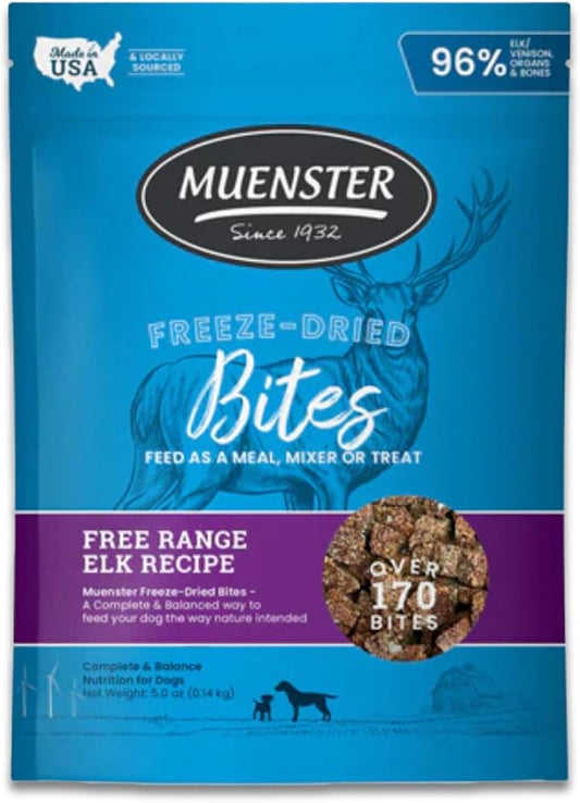 Muenster Freeze Dried Dog Food Topper Bites (5oz) - Farmhaus Elk Freeze Dried Dog Food w/Organic Minerals - Elk & Organ Meats Meal Toppers for Dogs - Dog Treats for Training