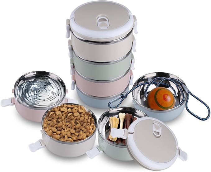 Pets Travel Bowl,4 Tiers Portable Stainless Steel Travel Lunch Bowls Set for Pet