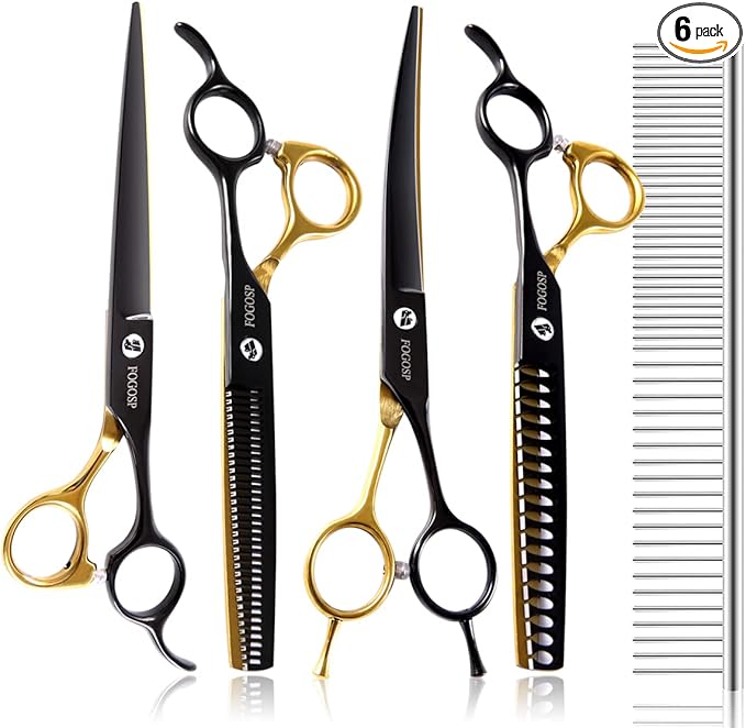 Dog Grooming Scissors Kit for Small Dogs, Black and Gold Two-Color Blender Shears Chunker Shears Curved Scissors Straight Scissors 4 pcs Set(Black&Gold,Kit)