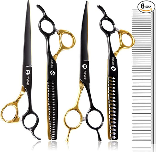 Dog Grooming Scissors Kit for Small Dogs, Black and Gold Two-Color Blender Shears Chunker Shears Curved Scissors Straight Scissors 4 pcs Set(Black&Gold,Kit)