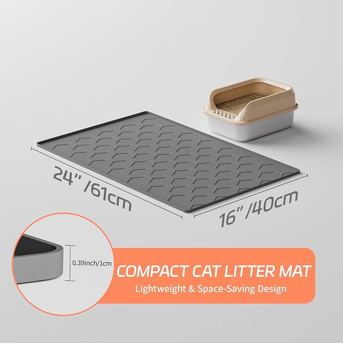 Bulkniu Silicone Cat Litter Mat with Raised Edges, Waterproof/Urineproof, Litter-Collecting Interior Ridges, Soft & Pet-Friendly (24"x16"-Dark Grey)