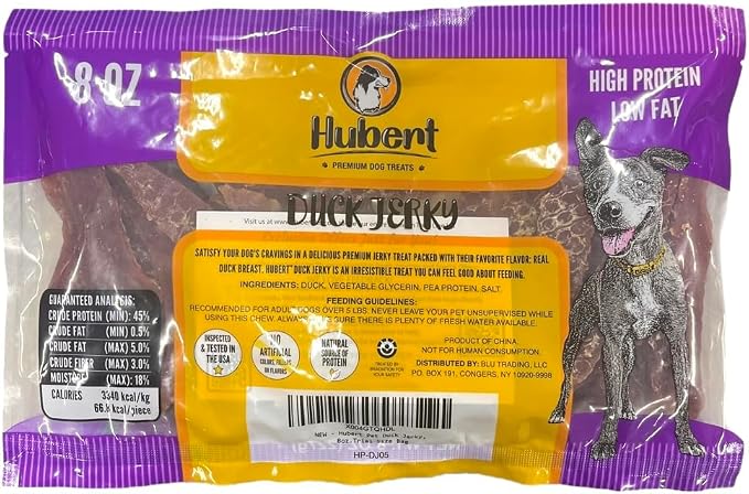 Hubert Pet Duck Jerky Dog Treats, Grain Free, High Protein, Low Fat, 8 oz