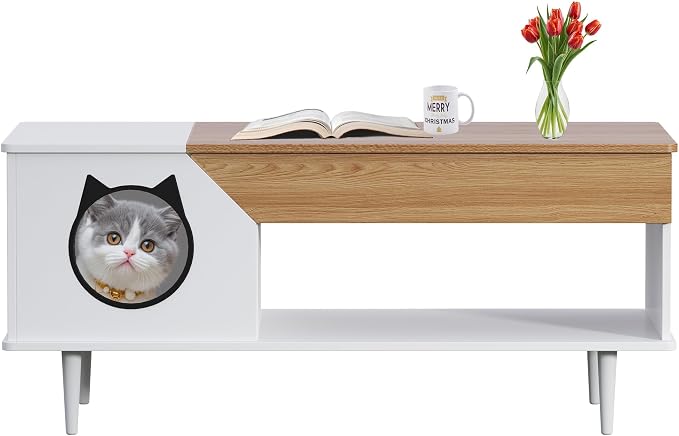 CuisinSmart 45" Cat Coffee Table with Cat House & Storage Drawer, Rustic Wooden Coffee Table, Hidden Litter Box Furniture with Cat Door for Living Room