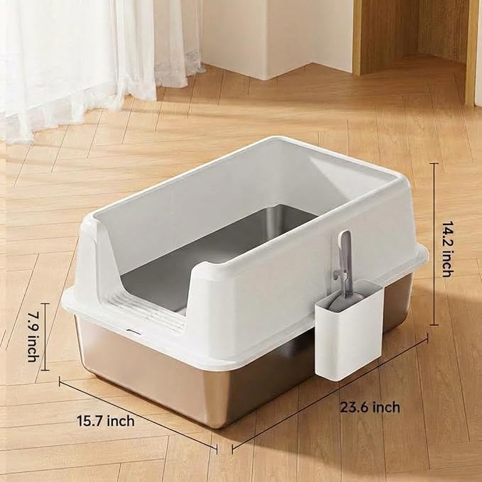 Stainless Steel Cat Litter Box, XL Enclosed Metal Litter Box with Lid & Side Litters Filter, Anti-Leak Non-Stick Design, Includes Scoop for Large Cats 8'' Deep White