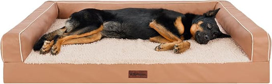 Furhaven Orthopedic Dog Sofa Bed – Memory Foam Couch with Bolsters, Textured Plush & Water-Resistant Cover, Washable Cover, Joint Support - Camel, Jumbo Plus
