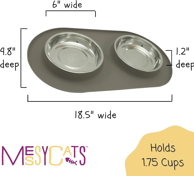 Messy Cats Double Silicone Feeder with Stainless Saucer Shaped Bowl | Anti-Slip Non-Skid Cat Food Bowls | Two Cat Bowls in Feeding/Water Station | 1.75 Cups per Bowl (Grey)