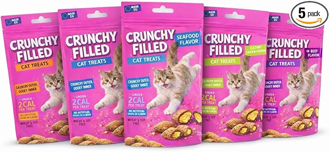 Calming Cat Treats for Indoor Cats 5 Flavors Variety Pack – Crunchy Pillow Bites Gooey Center – Chicken Seafood Catnip Salmon Beef – Cat Snacks Food Topper Wheat Soy Free – 15oz (Packaging May Vary)