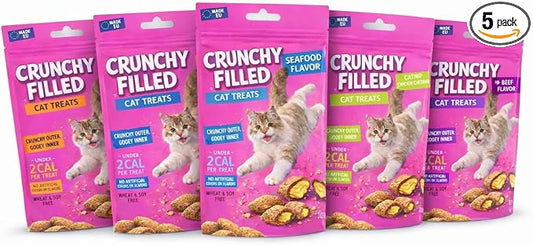 Calming Cat Treats for Indoor Cats 5 Flavors Variety Pack – Crunchy Pillow Bites Gooey Center – Chicken Seafood Catnip Salmon Beef – Cat Snacks Food Topper Wheat Soy Free – 15oz (Packaging May Vary)