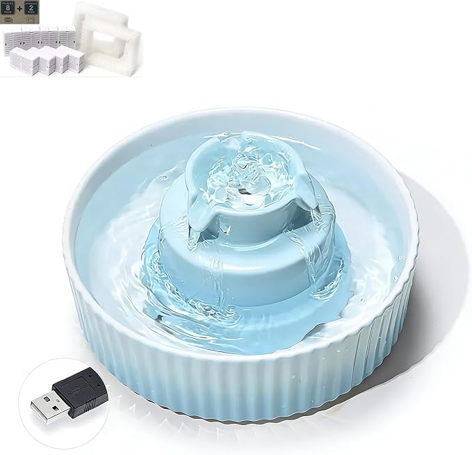 Ceramic Cat Water Fountain with 9 Filters 3 Sponge Cats Tower Water Dispenser 2.1L/71.02oz Dog Water Bowl Dispenser Cat Fountain for Cats Indoor Ultra Quiet Pump Pets Water Bottle Light Blue