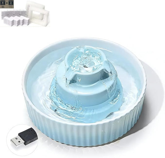 Ceramic Cat Water Fountain with 9 Filters 3 Sponge Cats Tower Water Dispenser 2.1L/71.02oz Dog Water Bowl Dispenser Cat Fountain for Cats Indoor Ultra Quiet Pump Pets Water Bottle Light Blue