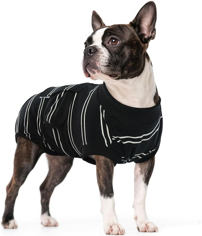 Kuoser Dog Surgery Recovery Suit, Soft Breathable Dog Recovery Suit for Female Spay Male Nueuter, Anti Licking Puppy Onesie Pet Surgical Suit for Dogs Abdominal Wounds Skin Disease, Black Strips S