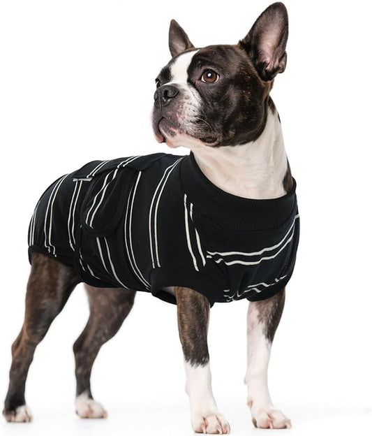 Kuoser Dog Surgery Recovery Suit, Soft Breathable Dog Recovery Suit for Female Spay Male Nueuter, Anti Licking Puppy Onesie Pet Surgical Suit for Dogs Abdominal Wounds Skin Disease, Black Strips S
