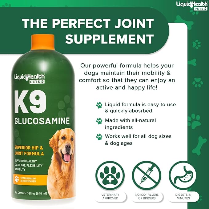 LIQUIDHEALTH Pets K9 Glucosamine Chondroitin Hip & Joint Formula & K9 Complete 8-in-1 Multivitamin for Dogs, Puppies - Pet Supplement Bundle for Joint Health, Immune Support, Canine Vitamins, USA Made