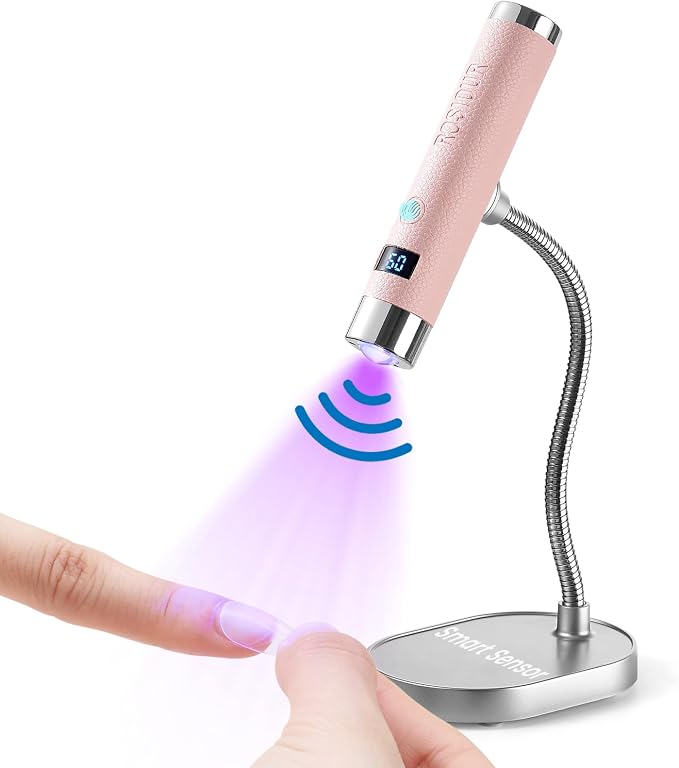 Mini U/V Lamp for Gel Nails- Rechargeable Handheld Nail U V Led Curing Light with Stand- Flash Cure Fast Dry U/V Lamp with Auto Sensor for Home Manicure and Salon (Pink)