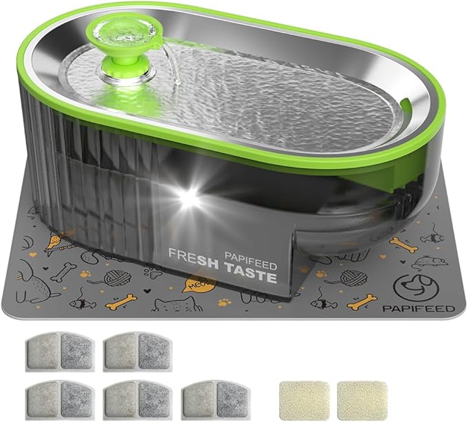 PAPIFEED Cat Water Fountain Stainless Steel with a Silicone Mat, 84oz/2.5L Automatic Pet Water Fountain with LED Water Level Window, Quiet Low Power Cat Water Bowl & Cat Water Dispenser (Green)