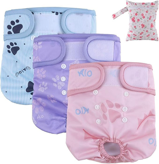 AIO Dog Diapers Female(3 Pack), Small Medium Large Highly Absorbent Wraps Reusable Dog Diapers Female