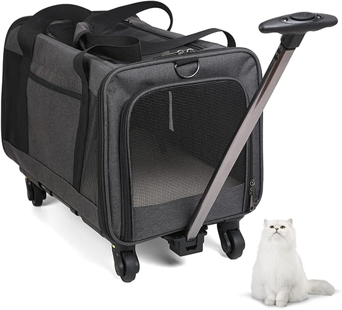Cat Carrier, Airline Approved Dog Carrier with Wheels, Pet Carrier for Pet with Telescopic Walking Handle,Easy to Fold for Small Cats and Dogs
