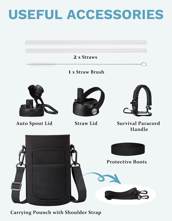 BENZZO 64/128 oz Water Bottles with Straw Auto Spout lid Keep Cold 48h,half gallon Water Jug Insulated with Carrier,Paracord Handle & Boot