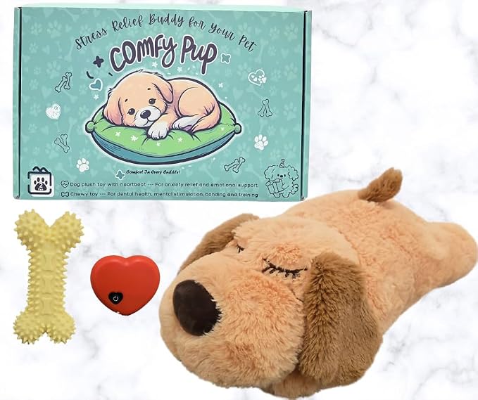 Calming Puppy Toy with Heartbeat for Anxiety Relief for Dogs and Cats, Chew Toy for Dental & Mental Stimulation, Heartbeat Puppy Toy Sleep Aid, Crate Training & New Dog Parent Gift Set