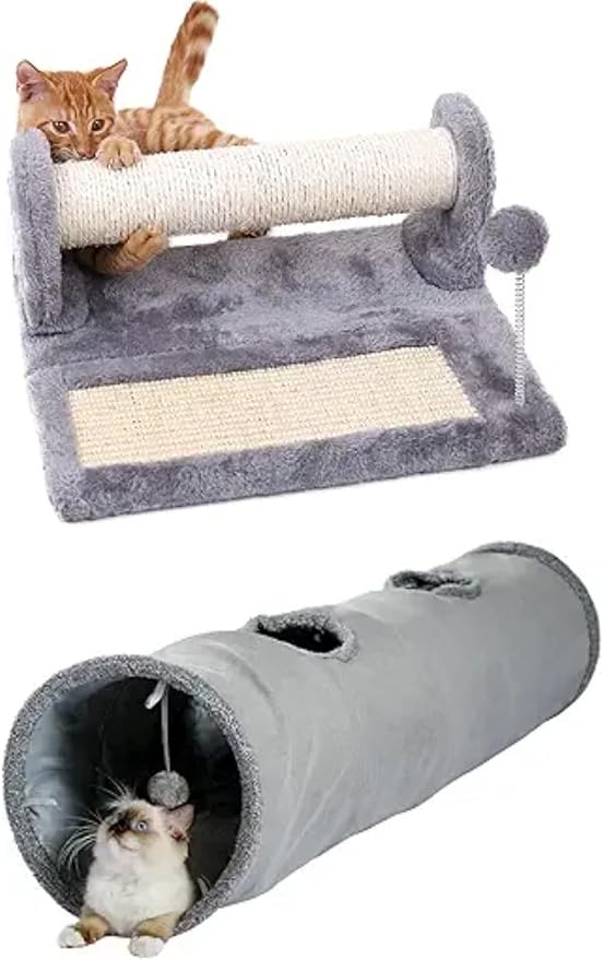 PAWZ Road Cat Scratching Post and Pad Bundle with PAWZ Road Cat Tunnel 51 Inches Long Cat Toys Collapsible Tunnel 12 Inches in Diameter