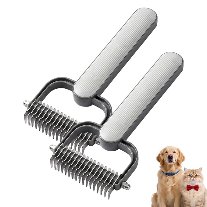 Double Sided Dematting Comb for Dogs & Cats, Undercoat Rake Pet Brush for Long Hair, Deshedding Dog Brush Removes Tangles Knots and Loose Fur, Pet Grooming Tool (Grey 2pcs)