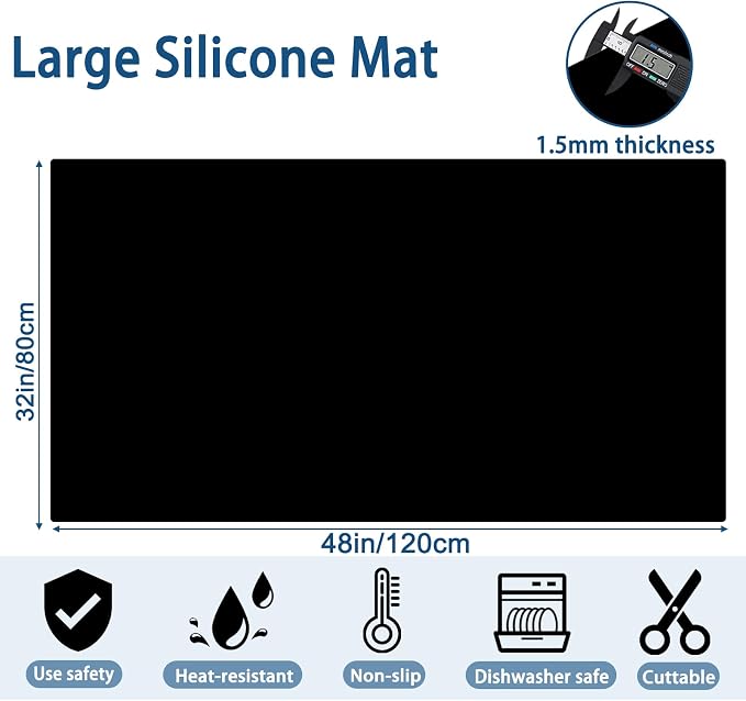 Large Silicone Mat, 48"x32"(120cmx80cm) Silicone Mats for Kitchen Counter, Non-Slip Heat Resistant Mat, Kitchen Counter Mat, Waterproof Countertop Protector for Craft, Light Gray