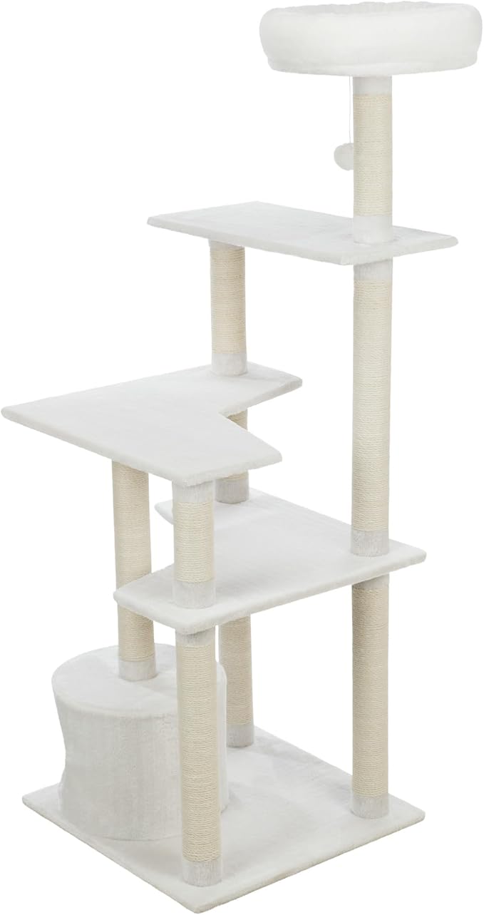 TRIXIE Seli Cat Tree – Cat Tower with Sisal Posts, Condo, Padded Platforms & Hanging Toy – Cat Furniture for Indoor Cats – Cream, 21.1" x 21.1" x 59.1"