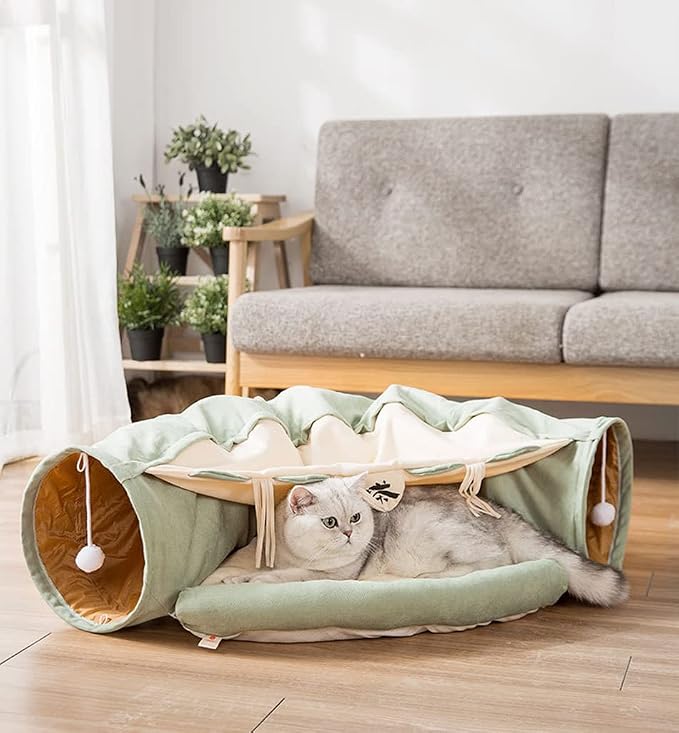 2 in 1 Cat Tunnel Bed Tube with Cushion and Plush Ball Toy Playground Crinkle Collapsible for Large Cats Kittens Kitty Puppy Small Dog Foldable Soft Pet Play Bed Indoor Outdoor - Green Cat Tunnel Bed