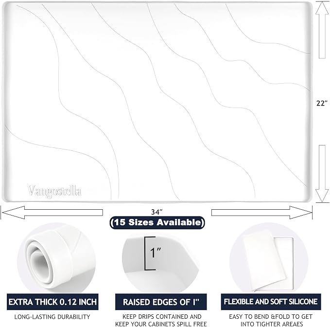 Heavy Duty Silicone Under Sink Mats for Kitchen Waterproof 37" x 22", Extra Thick Under Sink Rubber Mat Drip Tray, Raised Edge Under Sink Liner,Prevent Drips, Leaks, Spills,White
