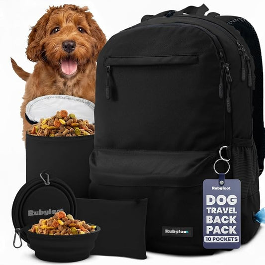 Dog Travel Bag for Supplies - Complete Dog Diaper Bag Backpack with 2 BPA-Free Travel Bowls, Treat Pouch, Food Container, Placemat & Laptop Sleeve – for Traveling, Road Trips, Hiking: Black