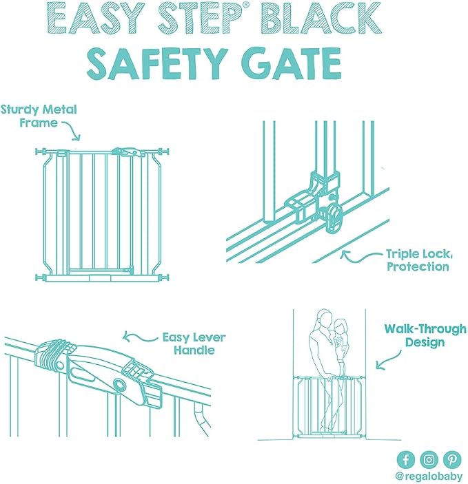Regalo Safety 29-38.5" Baby Gate for Doorways & Bottom of Stairs, Pressure Mounted Baby Gate with Door for Babies, Toddlers & Pets, Tested & Safe for 30 Years, American Designed, American Owned, Black