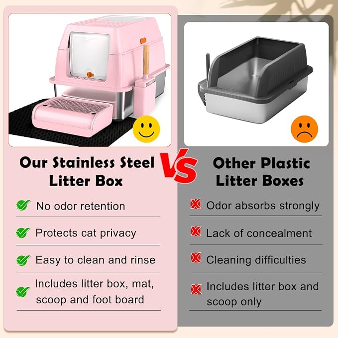 Vivifying Stainless Steel Litter Box with Lid, XL Front Entry Enclosed Extra Large Litter Box for Big Cats & Kitty, Top Exit Metal Cat Pan with Scoop, Mat, Footboard, Charcoal Filter (Pink)