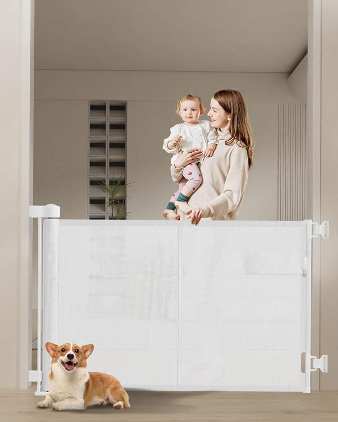 Miumoon 50 inch Retractable Baby Gates 34 inch Tall, Retractable Gate with Reinforced Strip Design to Prevent Crawling Through, Retractable Dog Gate for Stairs, Doorways, Hallways