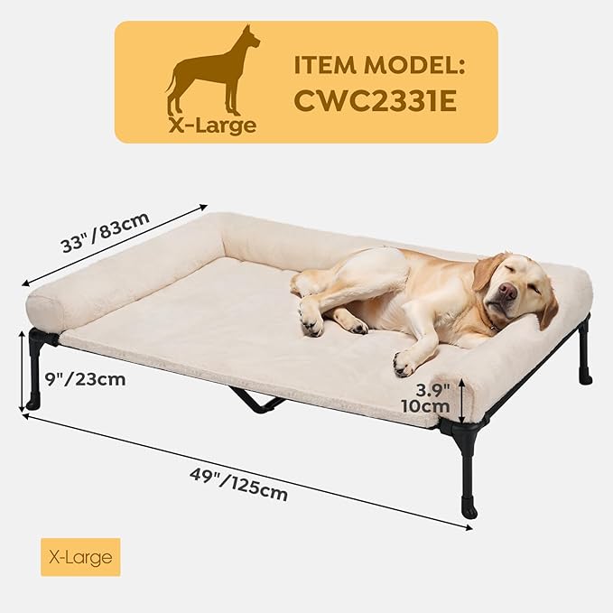 Veehoo Orthopedic Elevated Dog Bed with Fluffy Plush Bolster Cushion, Indoor Raised Dog Beds for Large Dogs, Soft Pet Sofa Cot with Removable Washable Mat, No-Slip Feet, 49 x 33 inches, Cream White
