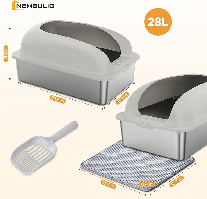 Extra Large Cat Litter Box with Lid, Stainless Steel Cat Litter Box with Scoop and Mat, High Walls for Anti-Urine Leakage, Easy Cleaning, Light Gray