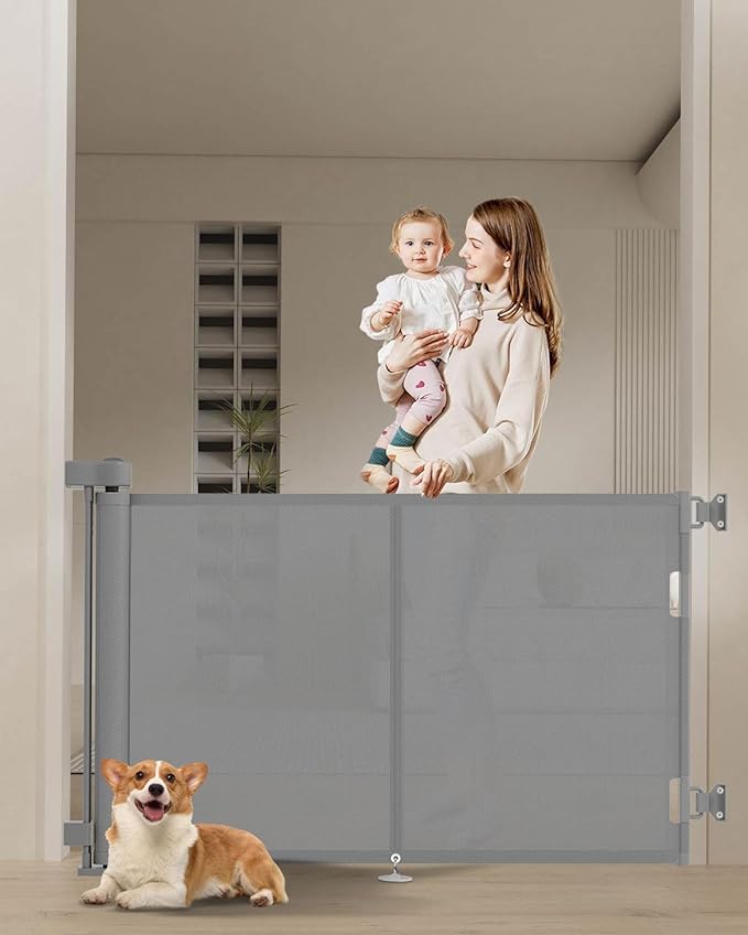 Miumoon 59 inch Retractable Baby Gates 34 inch Tall, Retractable Gate with Reinforced Strip Design to Prevent Crawling Through, 5 FT Retractable Dog Gate for Stairs, Doorways, Hallways, Indoor/Outdoor