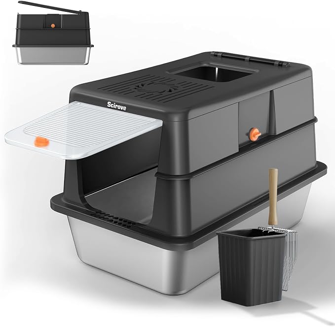 Stainless Steel Litter Box with Lid, Extra Large Litter Box Enclosed Top Entry Metal Litterbox for Big Cats Easy Cleaning Anti-Leakage & High Sided Black
